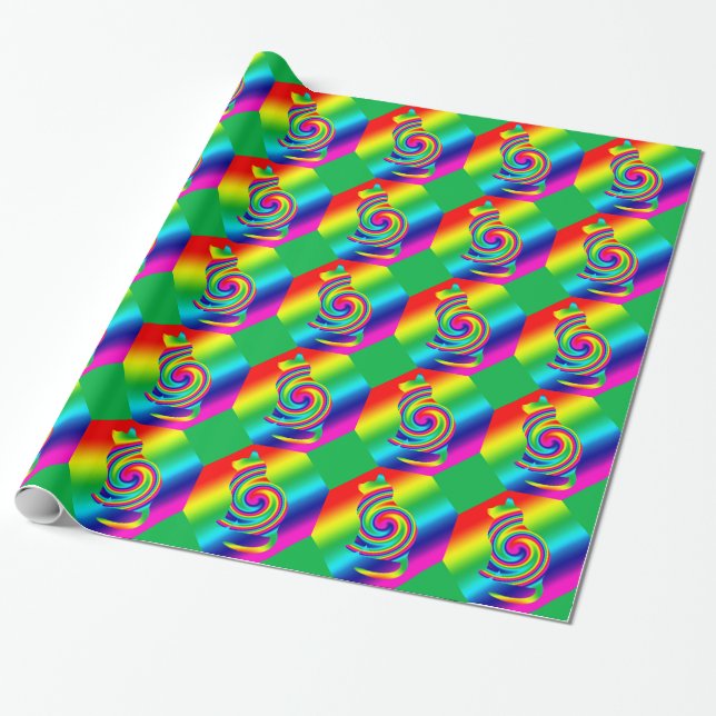 Cat Shaped Rainbow Twirl Wrapping Paper (Unrolled)