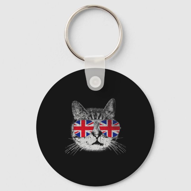 Cat Shirt Union Jack Flag Country Retro England Br Keychain (Front)
