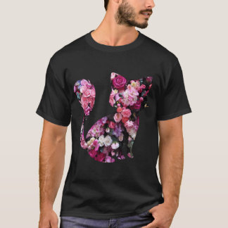 Cat Silhouette And Pink Roses T-Shirt
