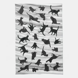 Cat Silhouette Black & White Light Grey Wispy Kitchen Towel