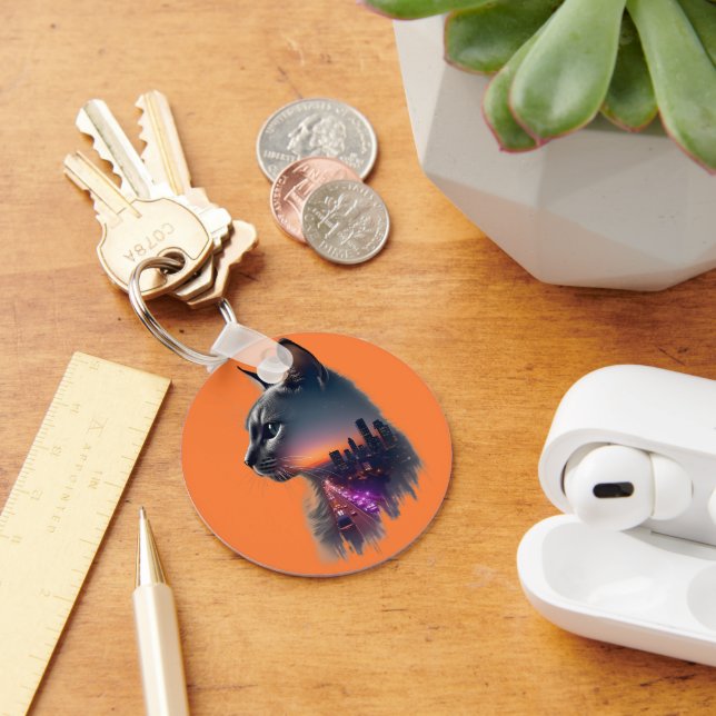 Cat Silhouette Cityscape Sunset Keychain (Desk)