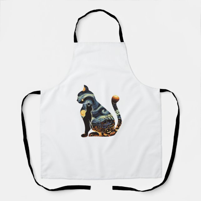 Cat Silhouette Halloween Van Gogh Starry Night Bla Apron (Front)