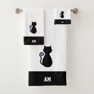Cat Silhouette & monogram on black & white Bath To Bath Towel Set