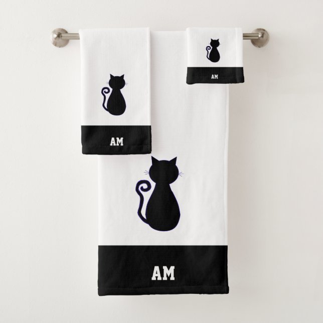 Cat Silhouette & monogram on black & white Bath To Towel Set (Insitu)