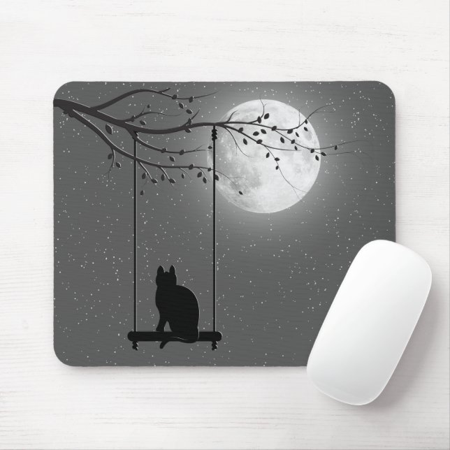 Cat Silhouette On A Swing In Moonlight Mouse Pad (With Mouse)