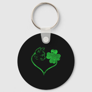 Cat Silhouette Shamrock St Patricks Day Kitten Lov Keychain