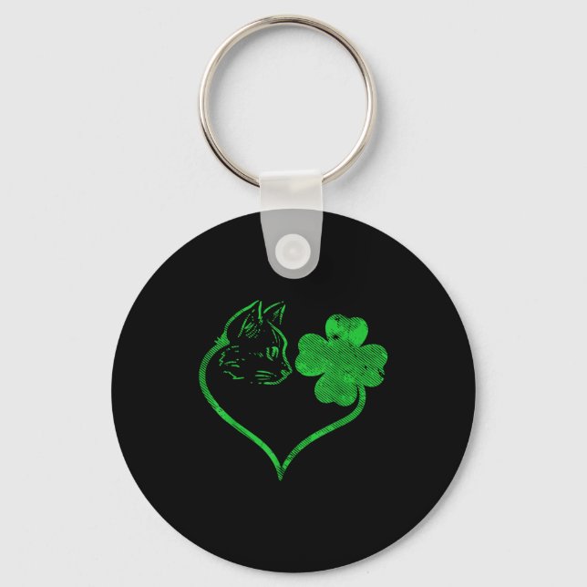 Cat Silhouette Shamrock St Patricks Day Kitten Lov Keychain (Front)