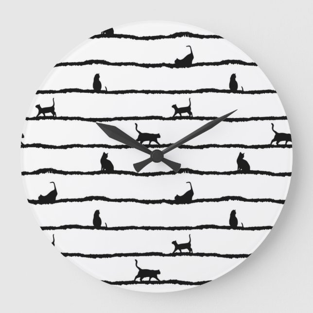 Cat Silhouette Stripes Abstract Hand Drawn Pattern Large Clock (Front)
