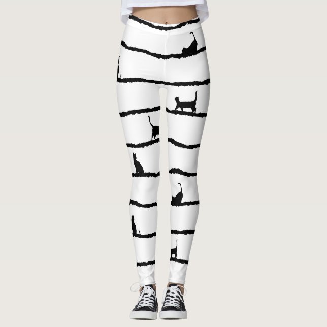 Cat Silhouette Stripes Abstract Hand Drawn Pattern Leggings (Front)