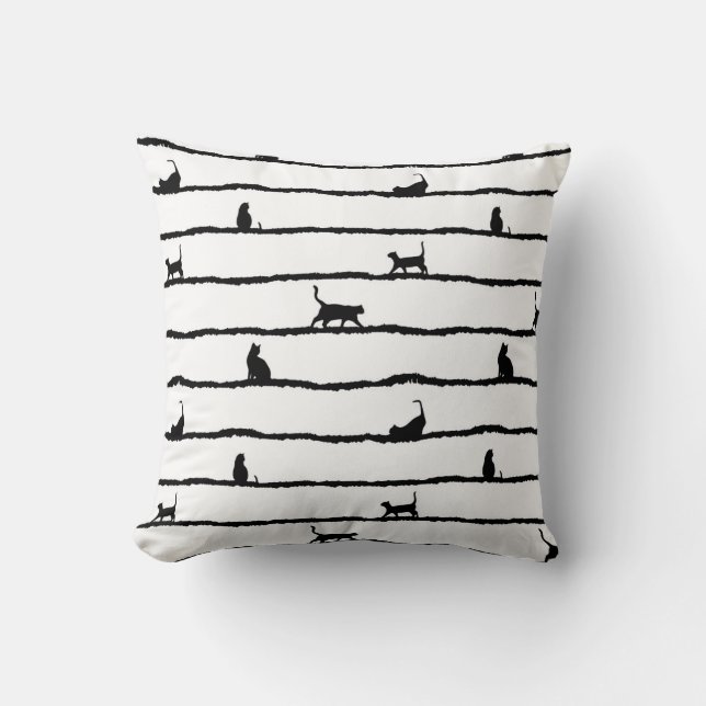 Cat Silhouette Stripes Abstract Hand Drawn Pattern Throw Pillow (Front)