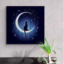 Cat silhouette swinging from the crescent moon
