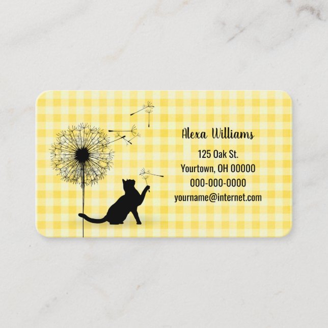 Cat Silhouette With Dandelion On Gingham Business Card (Front)