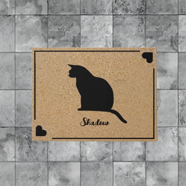 Cat Silhouette With Personalized Monogram Name  Doormat (Cat Silhouette With Personalized Monogram Name Doormat)