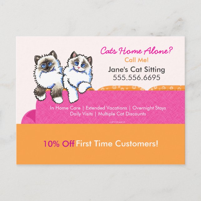 Cat Sitter Coupon Mailer Ad Ragdoll Couch Pink Postcard (Front)
