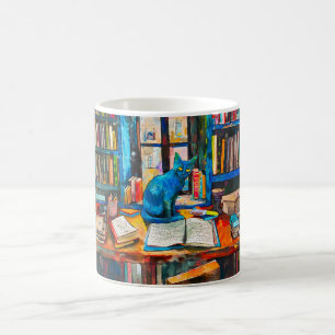 Cat sitting Among Open Books on table Coffee Mug