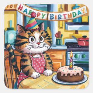 Cat sitting at table in front of cake square sticker