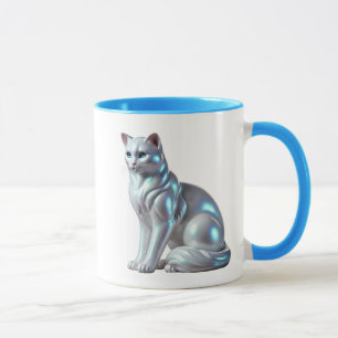 Cat sitting in 3D, silver with bright reflections. Mug