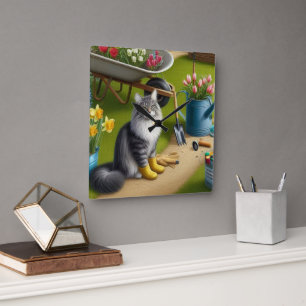 Cat Sitting in Garden / Garden Lover  Square Wall Clock