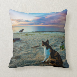 Cat Sitting On A Beach Throw Pillow