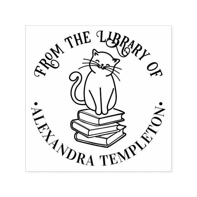 Cat Sitting on Books #3 “From the Library of” Name Self-inking Stamp (Design)