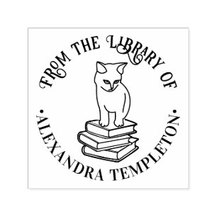 Cat Sitting on Books #4 “From the Library of” Name Self-inking Stamp