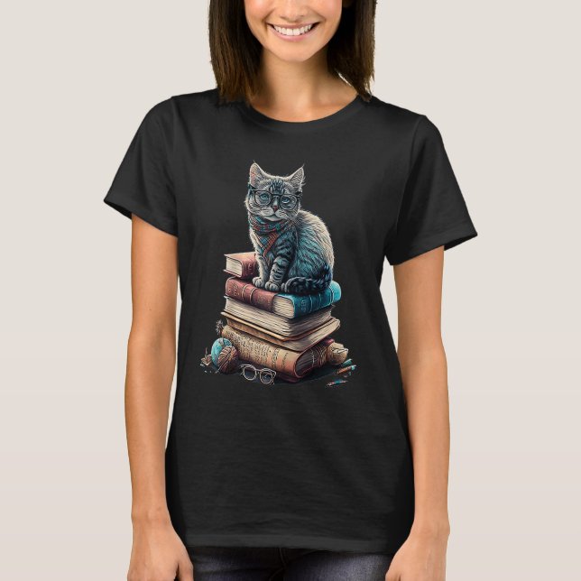 Cat Sitting On Books Cute Librarian Book Nerd Book T-Shirt (Front)