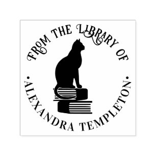 Cat Sitting on Books “From the Library of” Name Self-inking Stamp