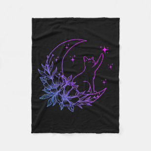 Cat Sitting On Crescent Moon Flowers Stars Women G Fleece Blanket