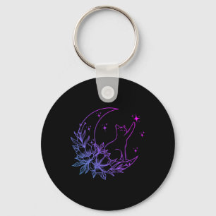 Cat Sitting On Crescent Moon Flowers Stars Women G Keychain