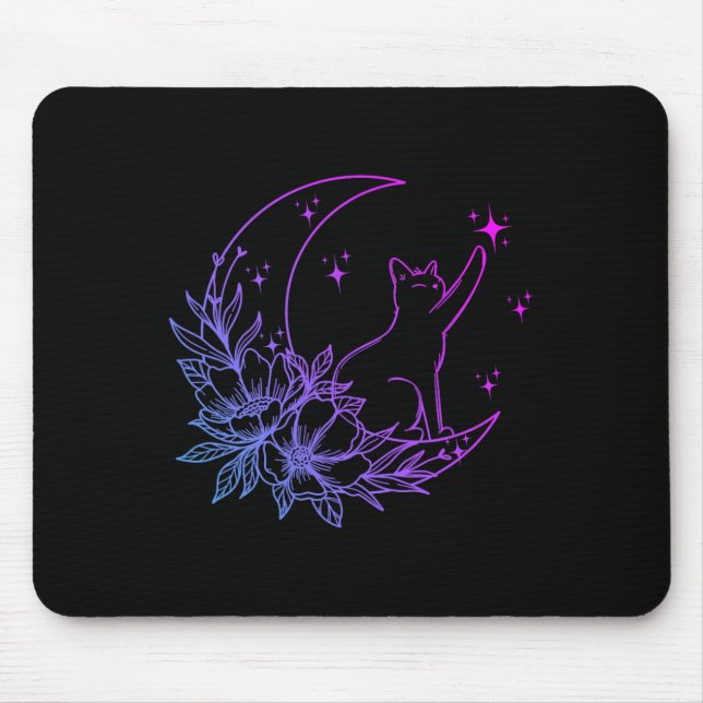 Cat Sitting On Crescent Moon Flowers Stars Women G Mouse Pad (Front)