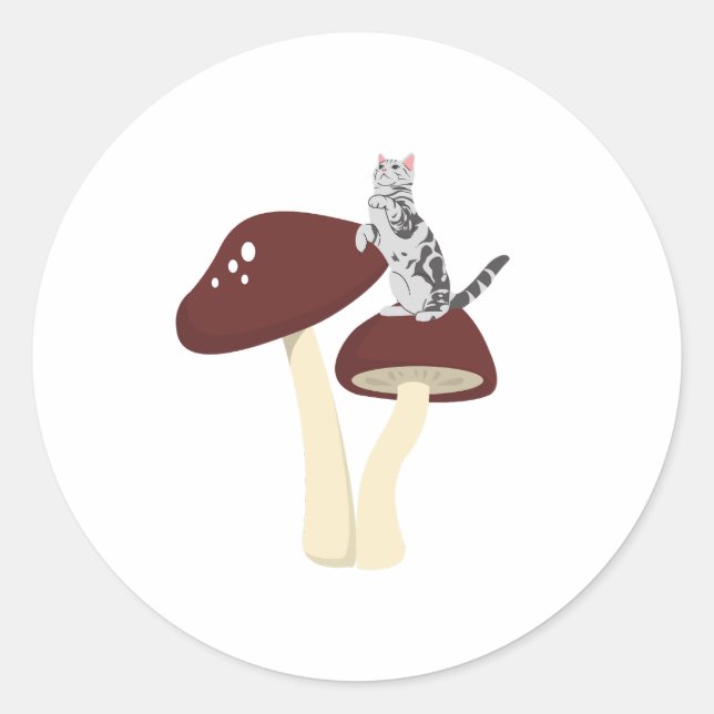 Cat sitting on mushrooms  classic round sticker (Front)
