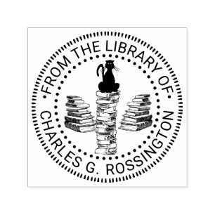 Cat Sitting on Tall Book Stack Library Name Self-inking Stamp
