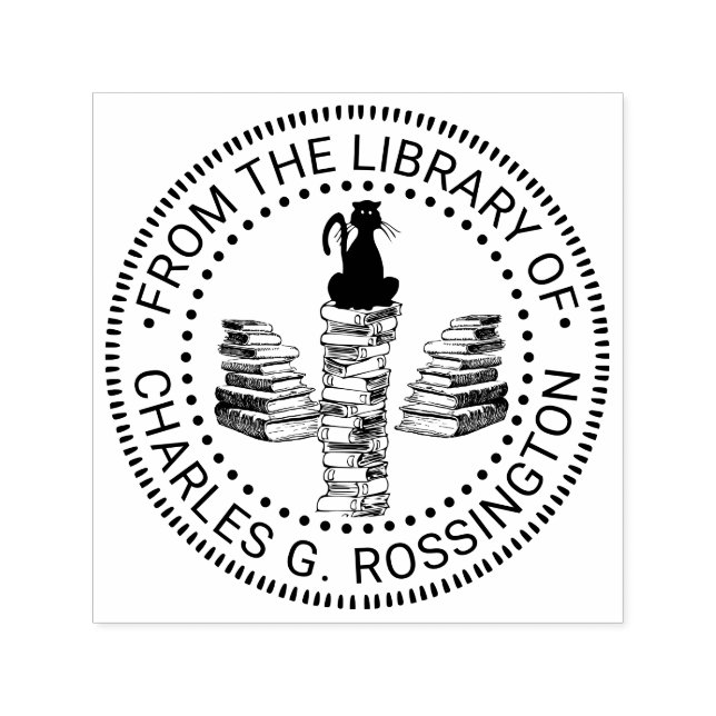 Cat Sitting on Tall Book Stack Library Name Self-inking Stamp (Design)