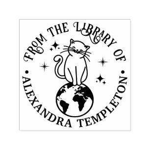 Cat Sitting on Top of World #1 Library Book Name Self-inking Stamp
