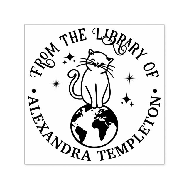 Cat Sitting on Top of World #1 Library Book Name Self-inking Stamp (Design)