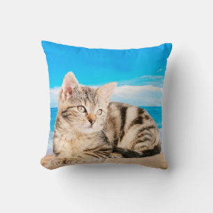 Cat Sitting on Tropical Island Beach Throw Pillow