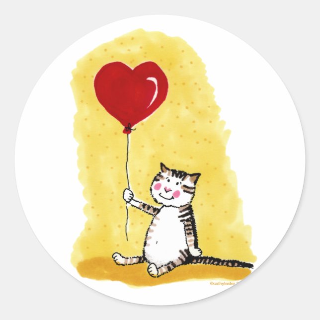 Cat Sitting with Balloon Classic Round Sticker (Front)