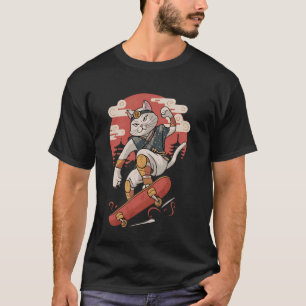 Cat Skateboarding Vintage Japanese Ukiyo-e Art T-Shirt