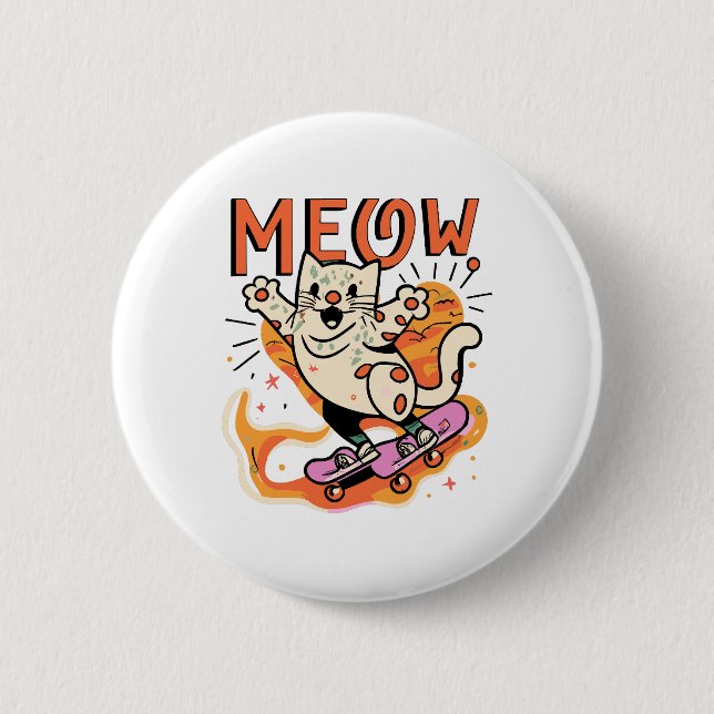 Cat Skating Meow 2 Inch Round Button (Front)