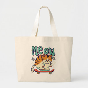 Cat Skating Meow Large Tote Bag