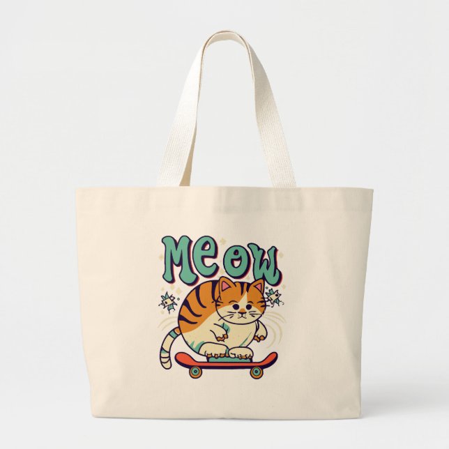 Cat Skating Meow Large Tote Bag (Front)