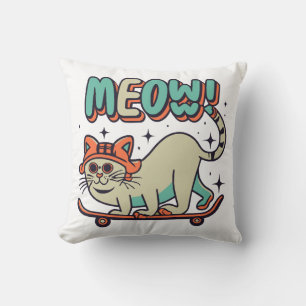 Cat Skating Meow Throw Pillow