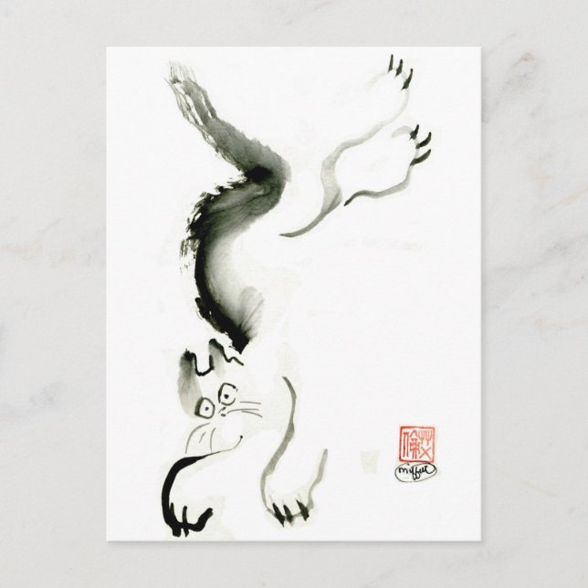 Cat Skedaddle, Sumi-e cat Postcard (Front)