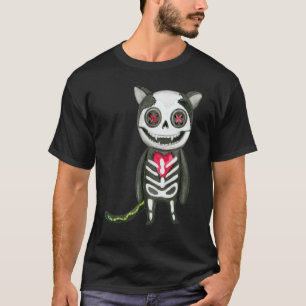 Cat skeleton scary button eyes stitched up Hallowe T-Shirt