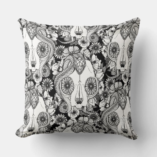 cat skull damask black white throw pillow (Front)