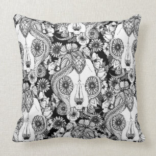 cat skull damask black white throw pillow