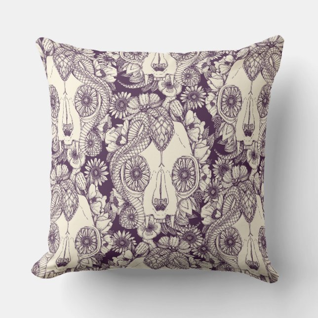 cat skull damask purple throw pillow (Front)
