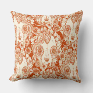 cat skull damask rust throw pillow