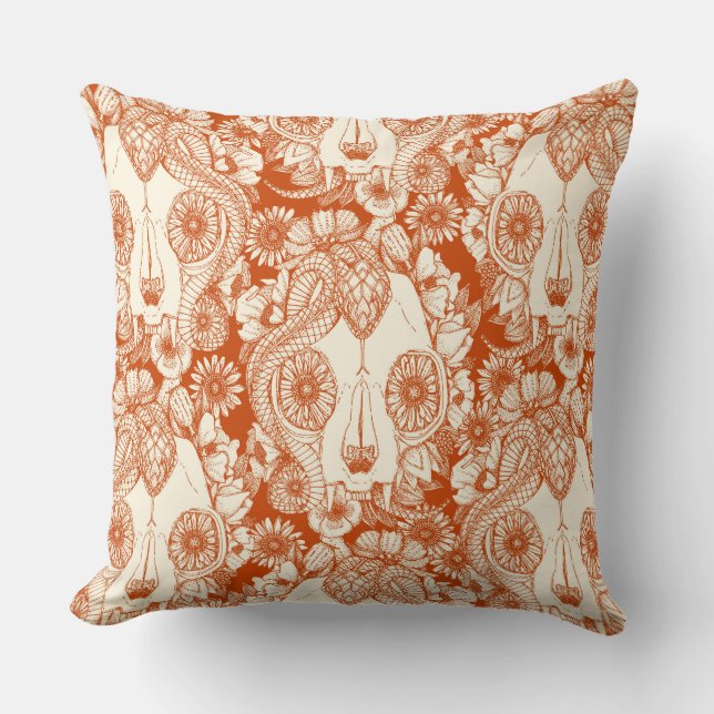 cat skull damask rust throw pillow (Front)