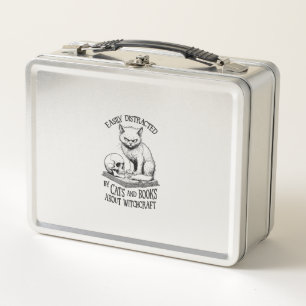 Cat Skull Halloween Easily Distracted Funny Book L Metal Lunch Box